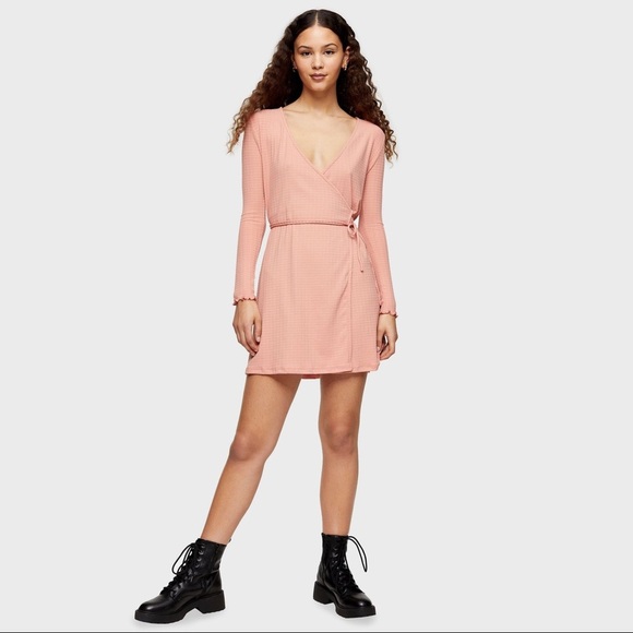 Topshop Long Sleeve Seersucker Wrap Mini Dress - Picture 3 of 11
